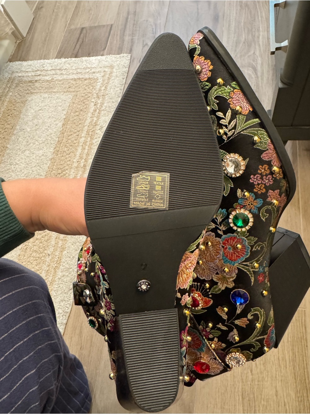Embellished Black Floral Mid-Calf Boots with Multicolor Gem Accents - Picture 6 of 7